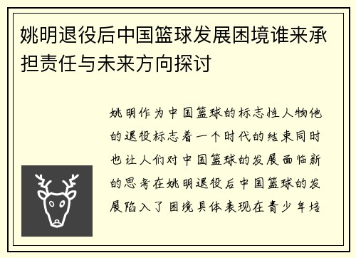 姚明退役后中国篮球发展困境谁来承担责任与未来方向探讨