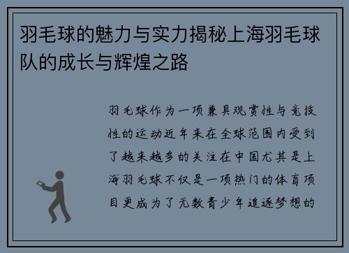 羽毛球的魅力与实力揭秘上海羽毛球队的成长与辉煌之路