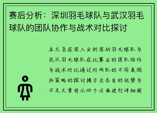 赛后分析：深圳羽毛球队与武汉羽毛球队的团队协作与战术对比探讨