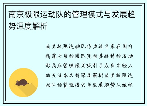 南京极限运动队的管理模式与发展趋势深度解析