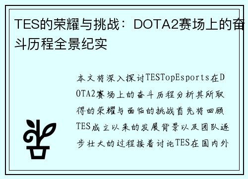 TES的荣耀与挑战：DOTA2赛场上的奋斗历程全景纪实