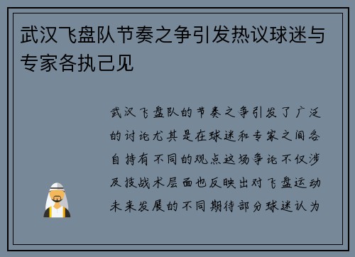 武汉飞盘队节奏之争引发热议球迷与专家各执己见