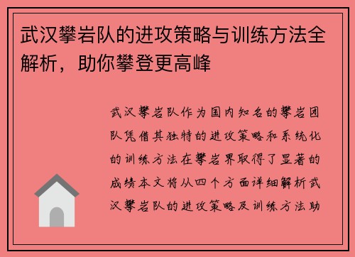 武汉攀岩队的进攻策略与训练方法全解析，助你攀登更高峰